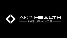 AKP Health Insurance logo on a black background with a diamond-shaped emblem.