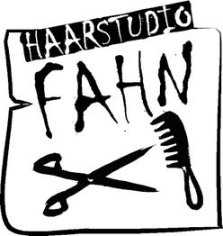 Logo des Haarstudios Fahn mit Schere und Kamm, schwarz-weiß gestaltet.
