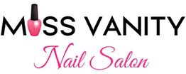 Logo di "Miss Vanity Nail Salon" con smalto rosa al posto della "I".