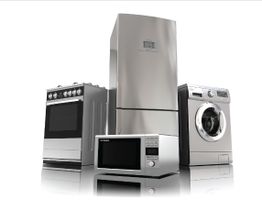 Stainless steel appliances: stove, fridge, microwave, washer.