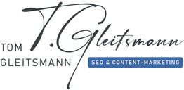 Tom Gleitsmann Logo, Schriftzug "SEO & Content-Marketing" in blauem Kasten.