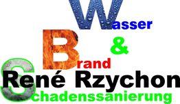 Text mit dekorativen Buchstaben: Wasser, Brand & René Rzychon, Schadenssanierung.