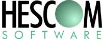 Logo des Unternehmens "HESCOM SOFTWARE" mit grünem Kugelmotiv als Buchstabe "O".