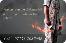 Mann mit Farbklecksen und brennendem Pinsel, Text: "Raumausstatter Schmeichel".