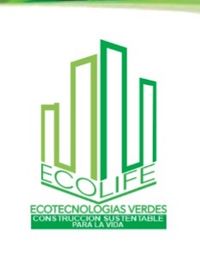 Logo de Ecolife con rascacielos verdes y texto sobre ecotecnologías y construcción sostenible.