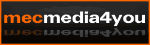 Schwarzes Logo mit dem Text "mecmedia4you" in Orange und Weiß, mit Spiegelung darunter.