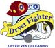 Cartoon dryer with firefighter hat, vent hose, and ribbon saying "Dryer Fighter."