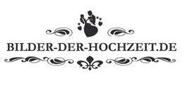 Logo mit dem Schriftzug "Bilder-der-Hochzeit.de", Paar in Silhouette, umgeben von Ornamenten.