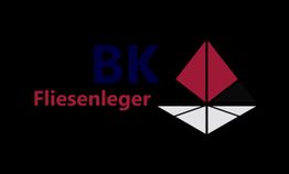 Logo mit der Aufschrift "BK Fliesenleger" und einem geometrischen Muster in Rot, Schwarz und Weiß.