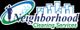 Logo for Neighborhood Cleaning Services with a figure, bubbles, and city skyline.