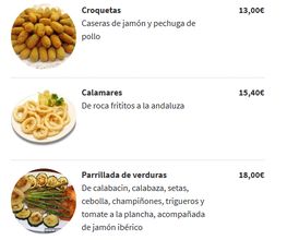 Croquetas, calamares y parrillada de verduras con precios en menú.