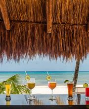Cócteles coloridos en la barra frente a una playa tropical con techo de paja y palmeras.