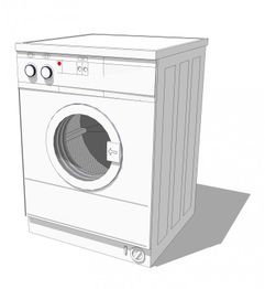 Zeichnung einer Waschmaschine mit runden Bedienelementen und einem seitlich öffnenden Bullauge.