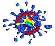 Salpicadura de tinta azul con texto "Cartuchos y Tintas" alrededor de cartucho arcoíris.