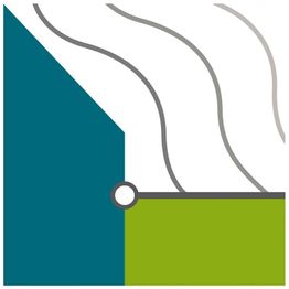 Logo mit blauem und grünem Rechteck, getrennt durch diagonale weiße Linie und graue Kurvenlinien.