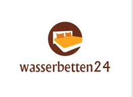 Logo mit stilisiertem Bett und Text "wasserbetten24" in Braun und Orange auf weißem Hintergrund.