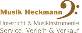 Logo mit Text: "Musik Heckmann, Unterricht & Musikinstrumente, Service. Verleih & Verkauf".