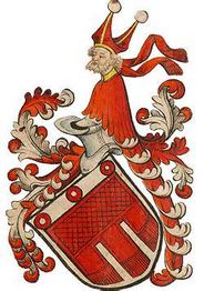 Wappen mit rotem Schild, Helmwappen mit Mütze und Verzierungen in Rot und Weiß.