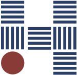 Symbol aus blauen Streifen und rotem Kreis auf weißem Hintergrund.