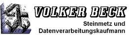 Logo mit "Volker Beck, Steinmetz und Datenverarbeitungskaufmann" und einem Steinmetzwerkzeug.