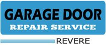 "Garage Door Repair Service logo with 'Revere' text below in blue and black."