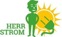 Illustration: Grüner Mann neben Sonne, gelber Stecker dahinter, Text "HERR STROM".