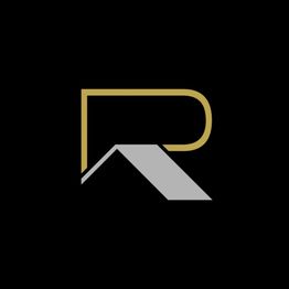 Gold and grey letter "R" on a black background.