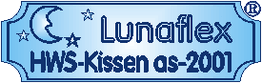 Ein blaues Logo mit Mondsichel, Sternen und dem Text "Lunaflex HWS-Kissen as-2001".