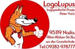 Comic-Wolf mit Daumen hoch, LogoLupus Logopädie, Adresse und Telefonnummer in rotem Text.