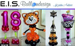 Luftballon-Designs: Zahl 18, Tiger, Sektflasche, und Herzballon für Feiern.