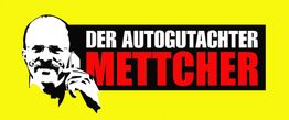 Gelbes Logo mit Text "Der Autogutachter Mettcher" und stilisiertem Porträt links.