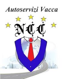 Logo di "Autoservizi Vacca" con lettere NCC, stelle, e cravatta rossa sopra una strada.