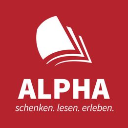 Ein rotes Logo mit einem stilisierten Buch und dem Text "ALPHA schenken. lesen. erleben.".