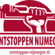 Logo met hand die een pijpsleutel vasthoudt. Tekst: "Ontstoppen Nijmegen, ontstoppen-nijmegen.nl".