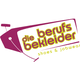 Logo von "die berufsbekleider" mit Slogan "shoes & jobwear", gestaltet wie ein Preisschild.