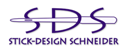 Logo mit Schriftzug "SDS" und "Stick-Design Schneider" in lila Schrift auf einem weißen Hintergrund.