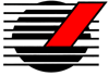 Abstraktes Logo mit schwarzen Streifen und einem roten Dreieck auf weißem Hintergrund.