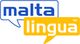 Logo mit blauen und gelben Sprechblasen: "Malta" in Blau, "lingua" in Gelb.