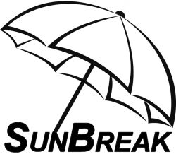 Schwarz-weißes Logo mit einem stilisierten Sonnenschirm und dem Schriftzug "SunBreak".
