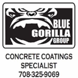 Logo of Blue Gorilla Group with gorilla face, "Concrete Coatings Specialist" and a phone number.