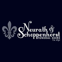 Logo of Neurath & Schoppenhorst Funeral Home with fleur-de-lis, navy background, established 1892.