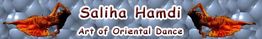 Tänzerinnen in Orange, Text "Saliha Hamdi, Art of Oriental Dance" vor grauem Hintergrund.