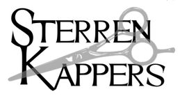 Logo met de tekst "Sterren Kappers" en een schaar op de achtergrond.
