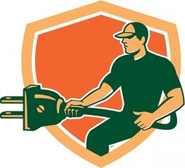 Illustration of a figure holding a giant plug, with an orange shield in the background.