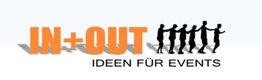 Textlogo "IN+OUT" mit fünf tanzenden Figuren, darunter "IDEEN FÜR EVENTS" auf weißem Hintergrund.