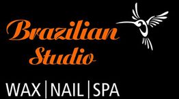 Schwarzer Hintergrund, Aufschrift "Brazilian Studio" in Orange und "WAX|NAIL|SPA" in Weiß.