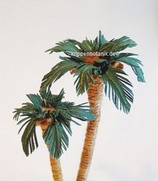 Zwei Modellpalmen mit grünen Blättern und braunen Stämmen vor weißem Hintergrund.