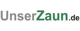 Logo mit Text "UnserZaun.de" in Grau und Grün.