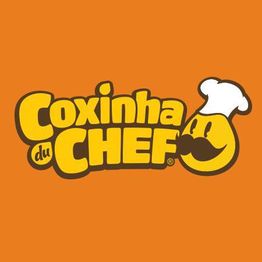 Logo "Coxinha du Chef" com rosto sorridente e chapéu de chef, fundo laranja.