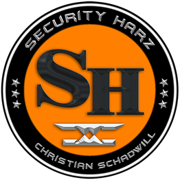 Logo "Security Harz", schwarzer Kreis, oranger Hintergrund, SH in der Mitte.